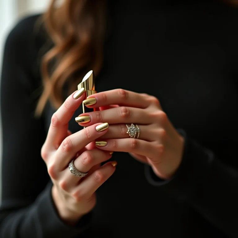 Aplicação de esmalte dourado para unhas de Ano Novo 2026 com anéis de prata