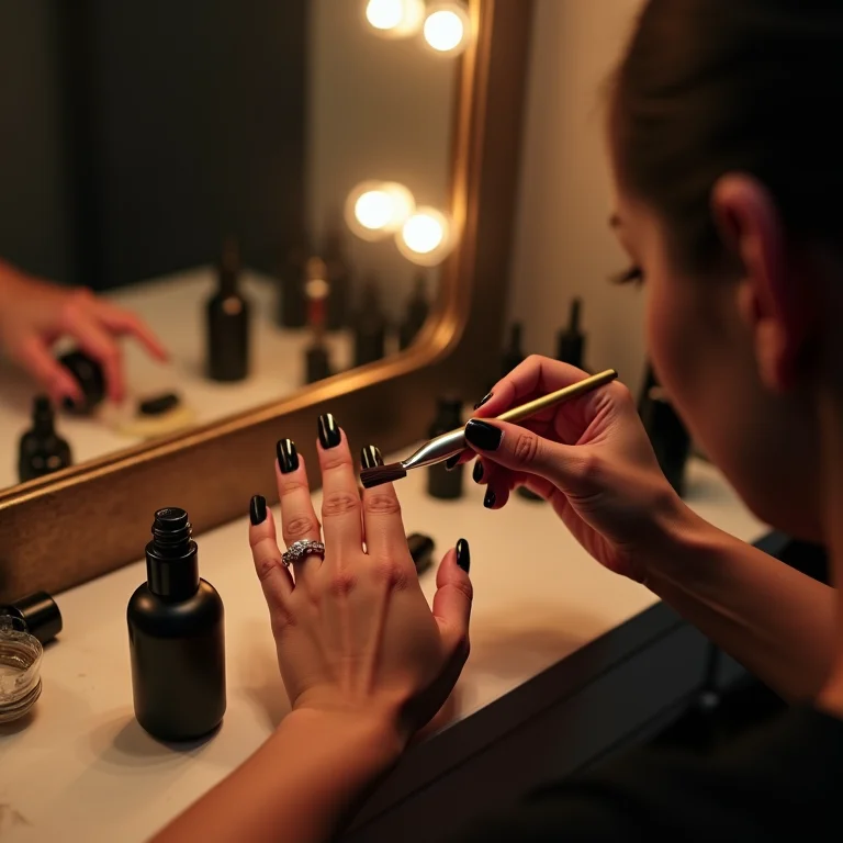 Aplicação de esmalte preto em unha decorada em penteadeira iluminada.