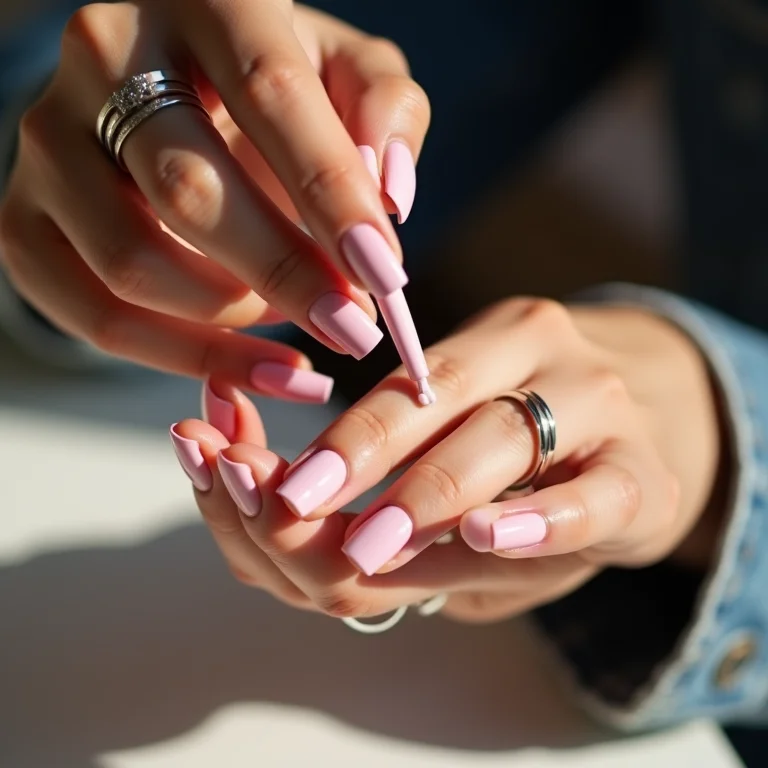 Aplicação de esmalte rosa claro para uma unha decorada delicada.