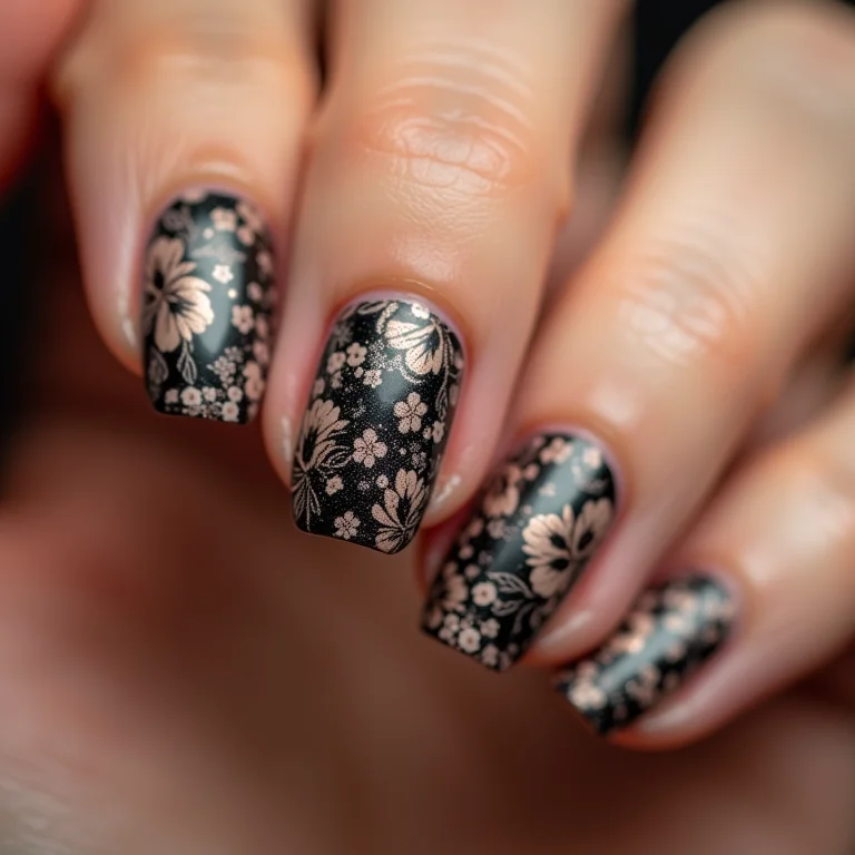 Carimbo de unha floral preto