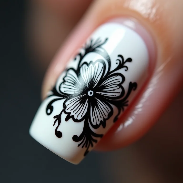 Carimbo de unhas com desenho floral preto