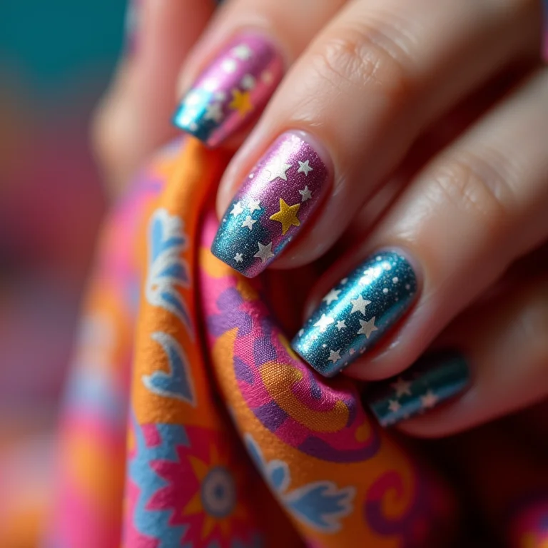 Chuva de estrelas coloridas nas unhas.