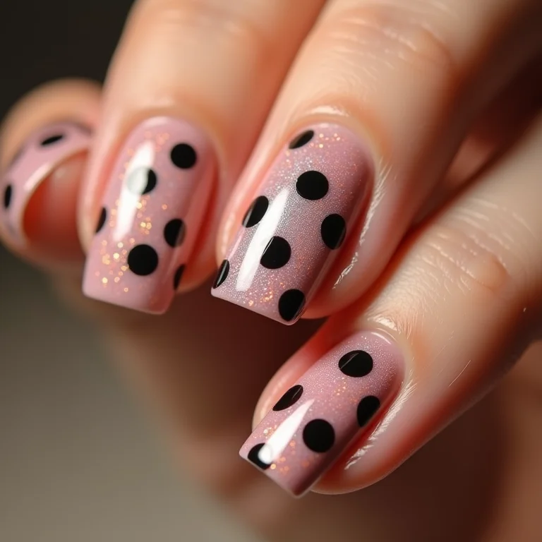 Close das unhas decoradas com diferentes estilos de esmalte da bolinha.