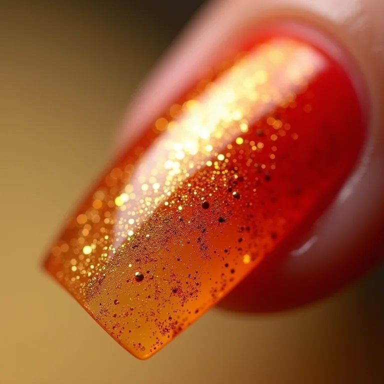 Close up da textura do glitter dourado nas unhas