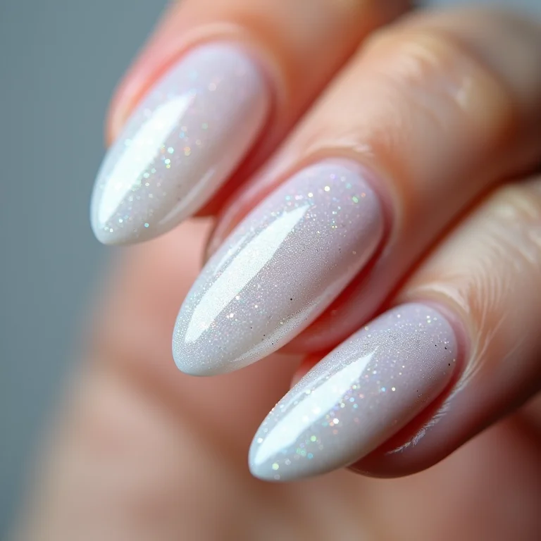 Close-up de esmalte branco cintilante em unhas amendoadas.