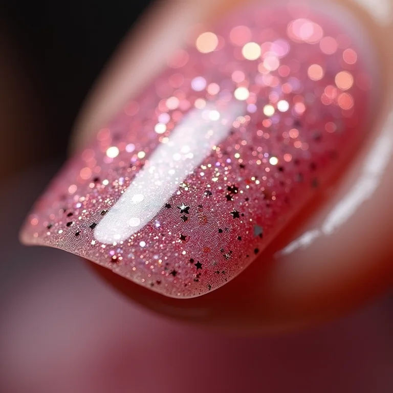 Close-up de glitter holográfico em unhas