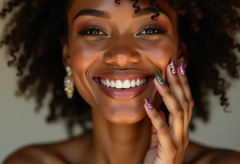 Close-up de mulher sorrindo com unhas decoradas para Festa Junina