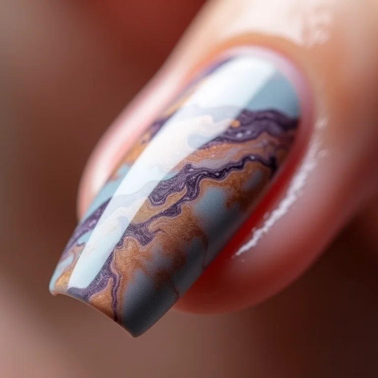 Close-up de uma unha com efeito mármore realista e sofisticado.