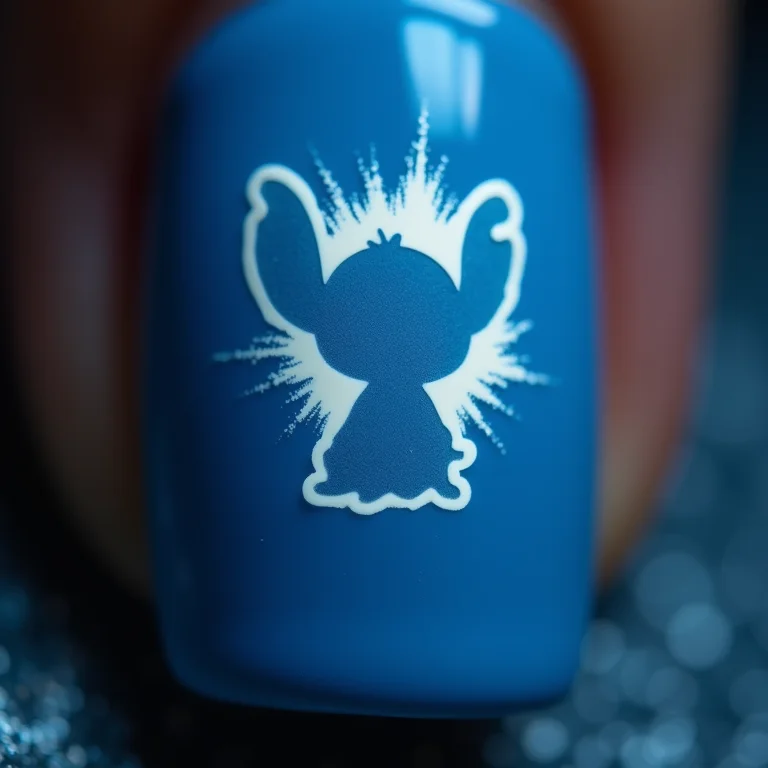 Close-up de unha azul com silhueta do Stitch.