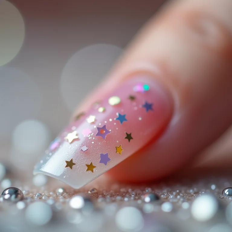 Close up de unha com adesivos de lua e estrelas