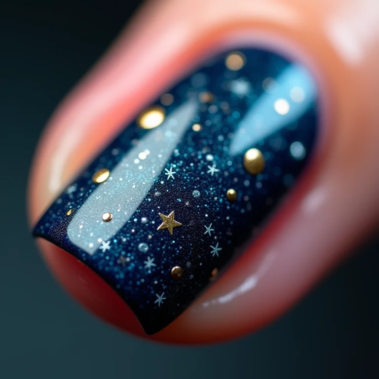 Close up de unha com céu estrelado e lua dourada