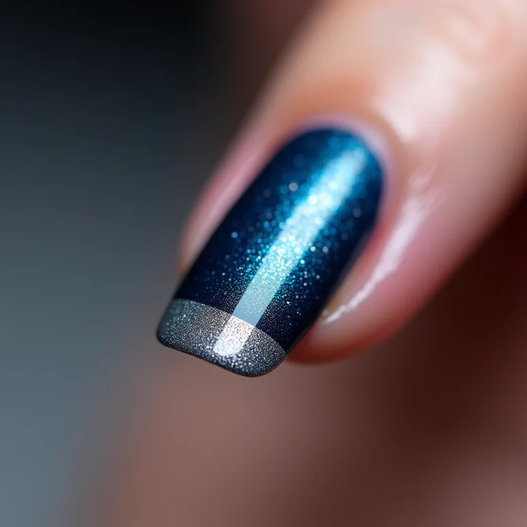 Close up de unha com francesinha lunar invertida prateada