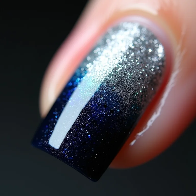 Close up de unha com glitter degradê azul marinho e prata