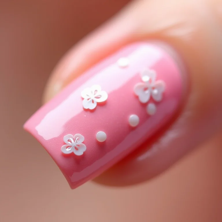 Close-up de unha decorada com esmalte rosa claro e adesivo floral.