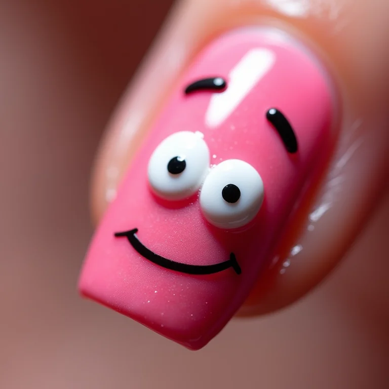 Close-up de unha decorada com o rosto do Patrick Estrela.