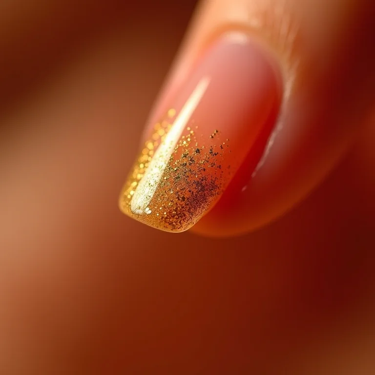 Close-up de unha filha única com glitter dourado