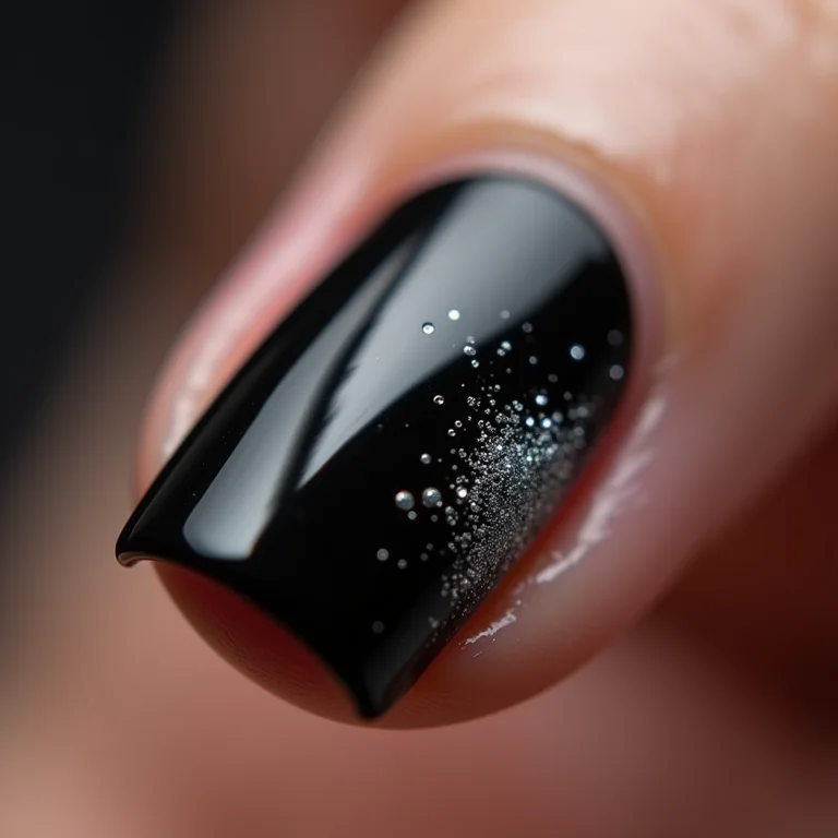 Close-up de unha preta com glitter prateado