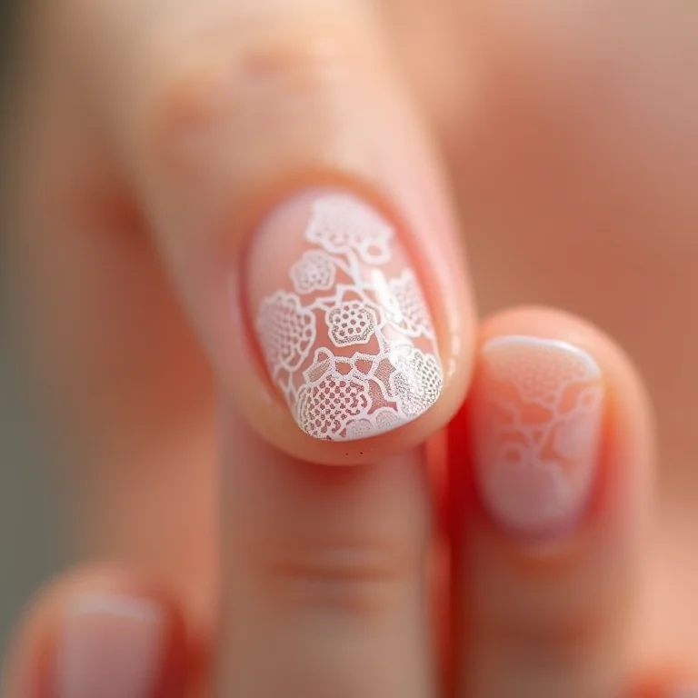 Close-up de unhas com adesivos delicados de renda sobre base nude