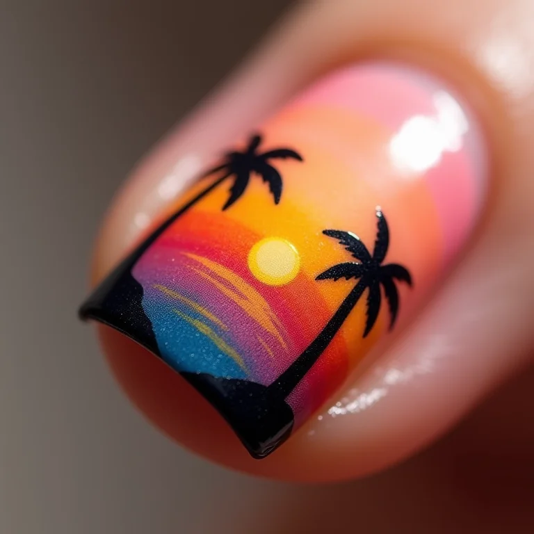 Close-up de unhas com coqueiros e paisagem tropical