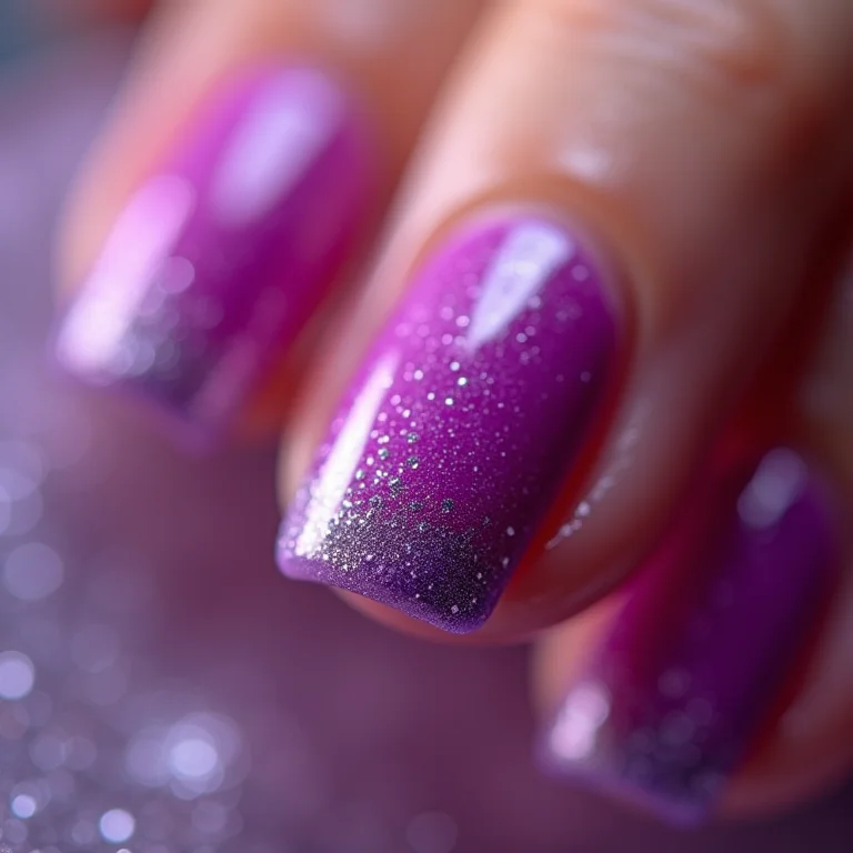 Close-up de unhas com degradê roxo e glitter prata