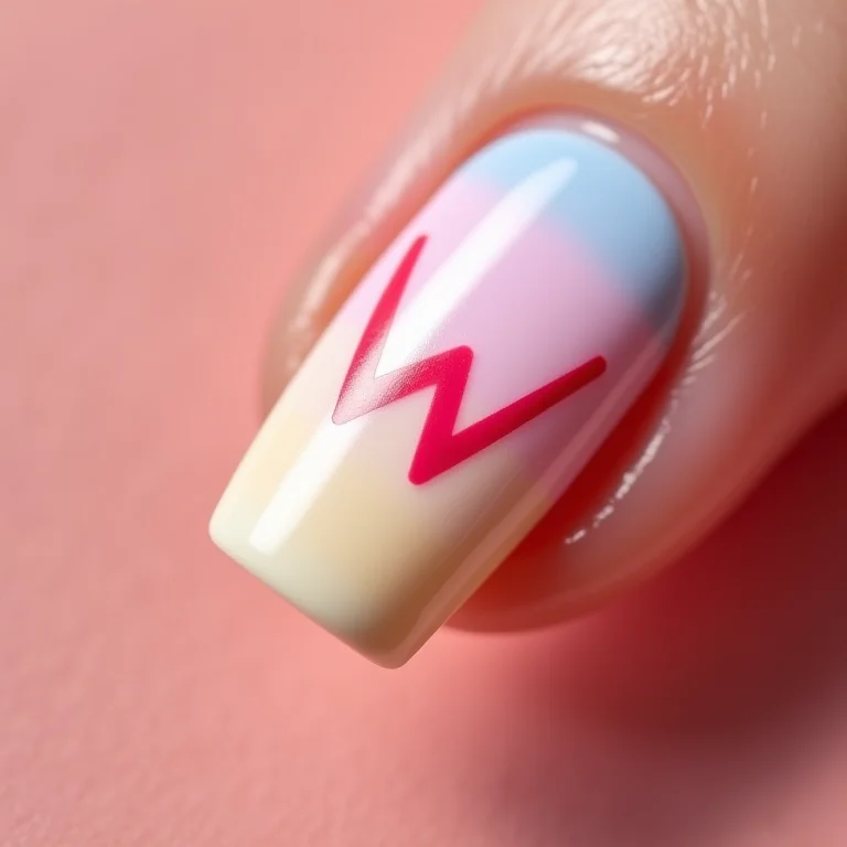 Close-up de unhas com design 'W' minimalista em tons pastel.