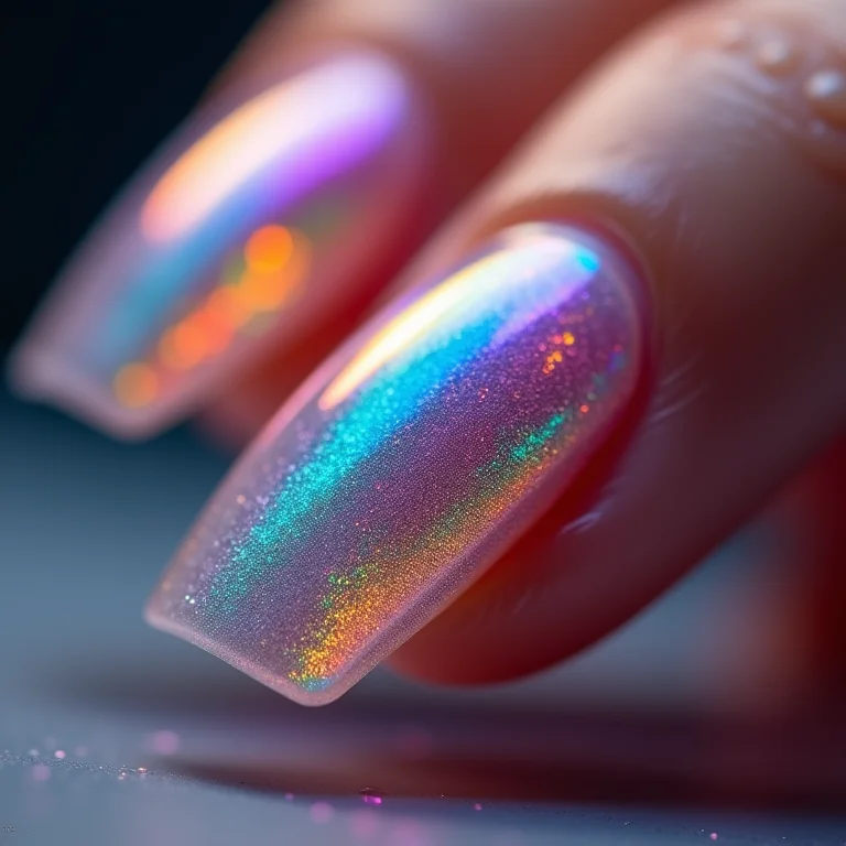 Close-up de unhas com efeito holográfico.