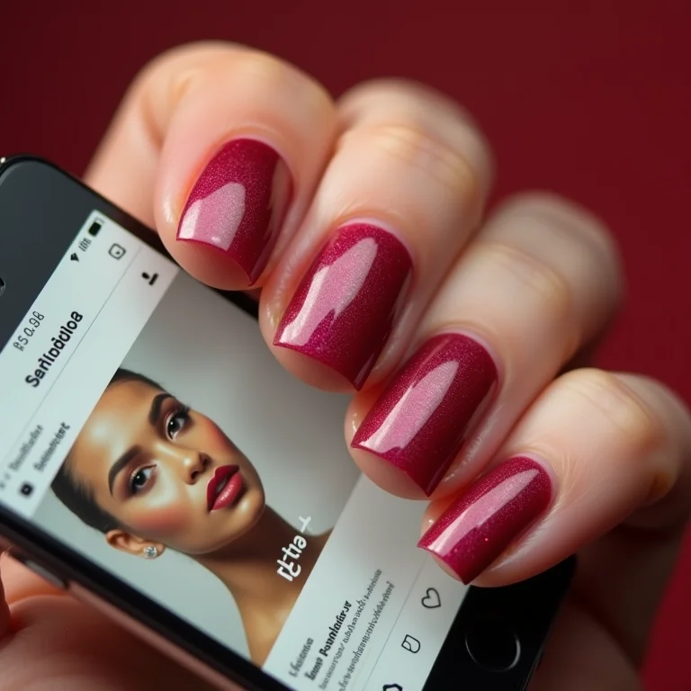Close-up de unhas com esmalte Impala exibindo feed de rede social com influencers de beleza.