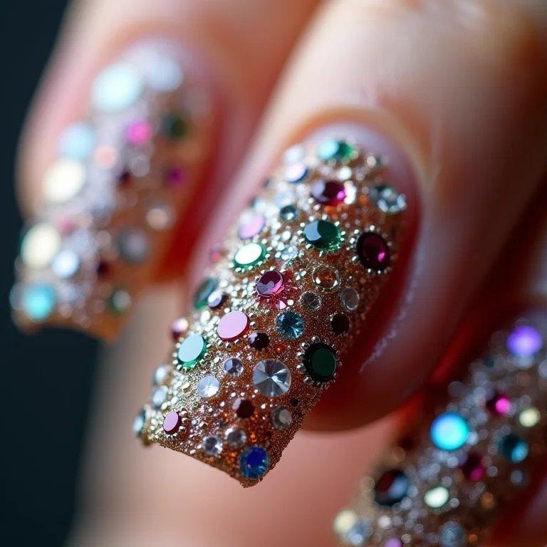Close-up de unhas com excesso de strass, glitter e pingentes.