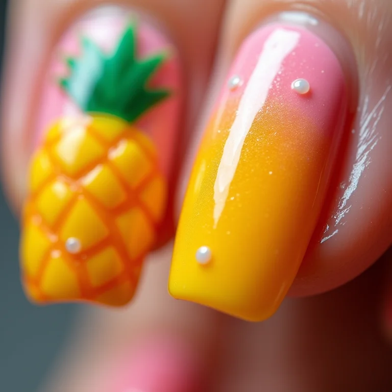 Close-up de unhas com frutas tropicais
