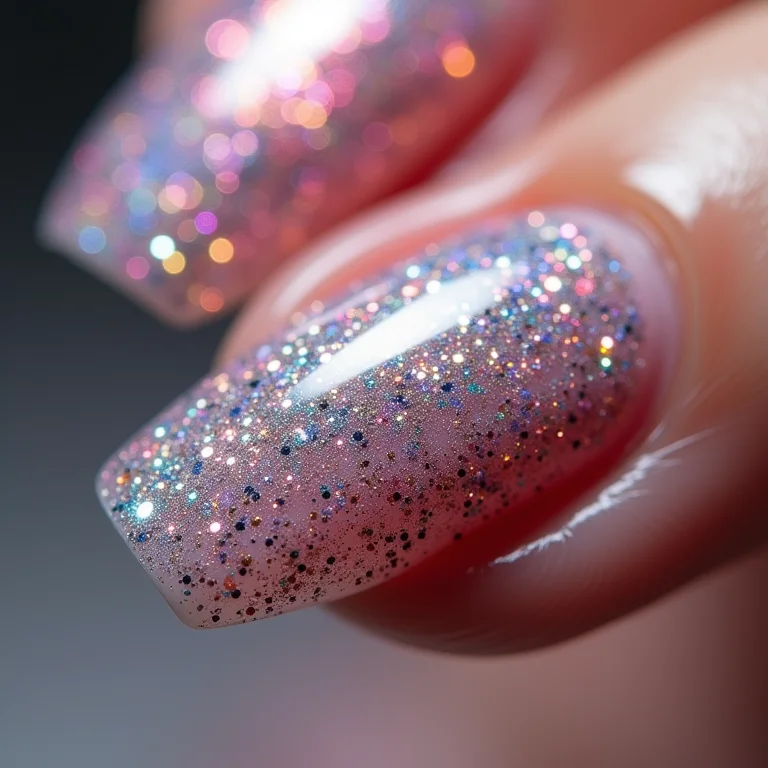 Close-up de unhas com glitter furta-cor.