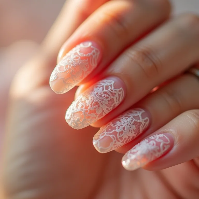 Close-up de unhas com nail art de renda delicada sobre base nude