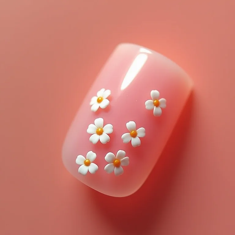 Close-up de unhas com nail art floral delicada em tons de rosa e branco