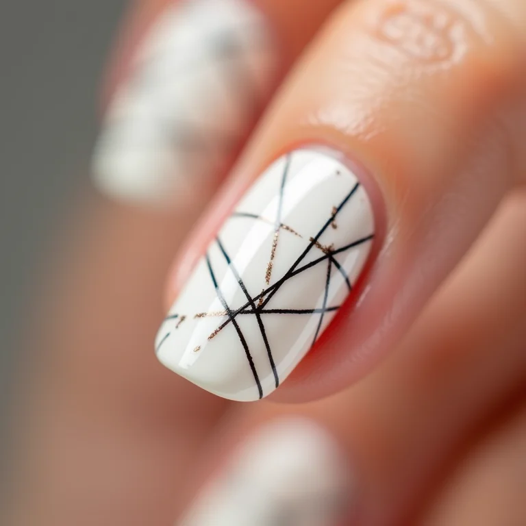 Close-up de unhas com nail art geométrica minimalista em preto e branco