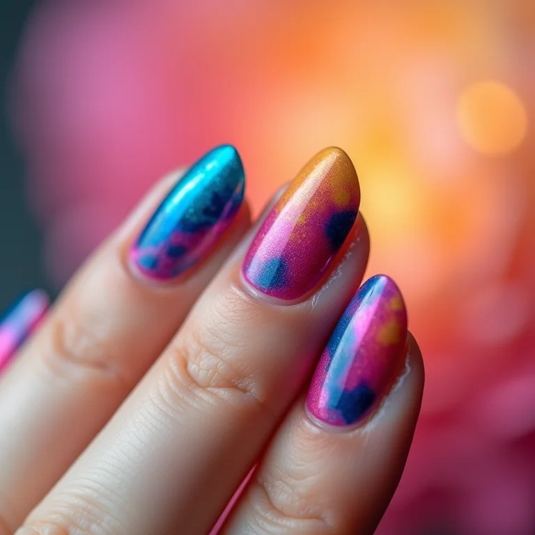 Close-up de unhas com nail art tie-dye em cores vibrantes.