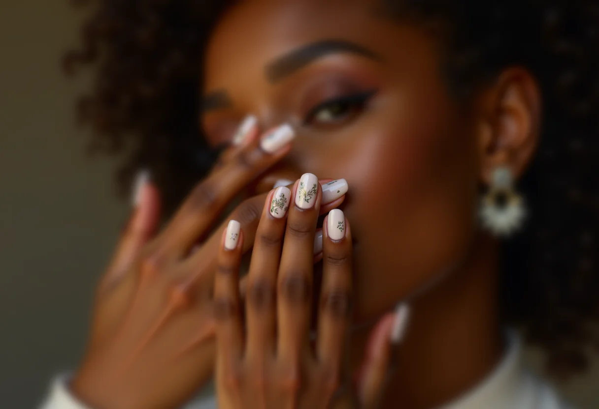 Close-up de unhas decoradas com manicure elaborada