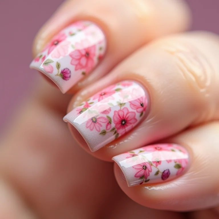Close-up de unhas decoradas com películas florais.