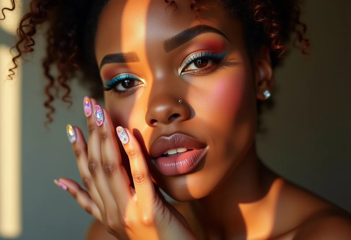 Close-up de unhas decoradas com tema de maquiagem