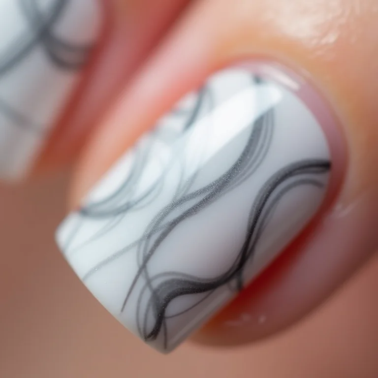 Close-up de unhas marmorizadas claras com detalhes em cinza e branco