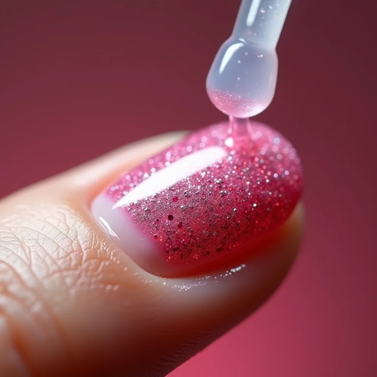 Close-up do Magic Remover dissolvendo esmalte em gel com glitter.
