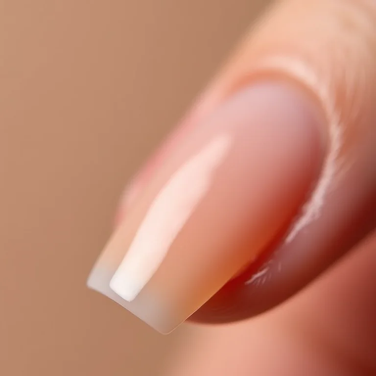 Close-up extremo da aplicação de esmalte transparente sobre unha nude.