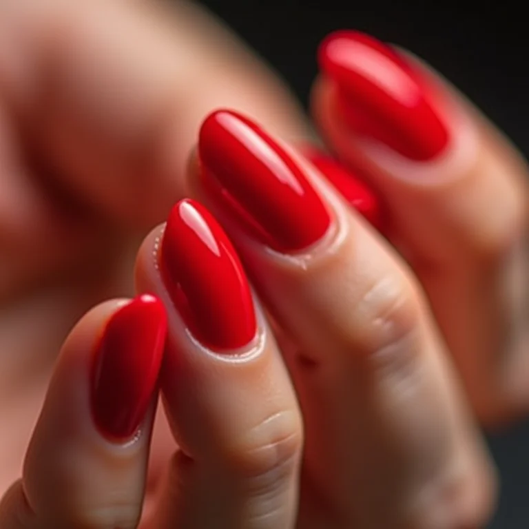 Close-up extremo de aplicação de esmalte vermelho e ferramentas de nail art.