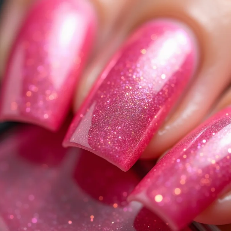 Close-up extremo de esmalte rosa com glitter.