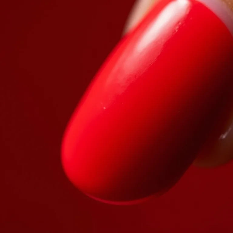 Close-up extremo de esmalte vermelho Mohda com brilho intenso.