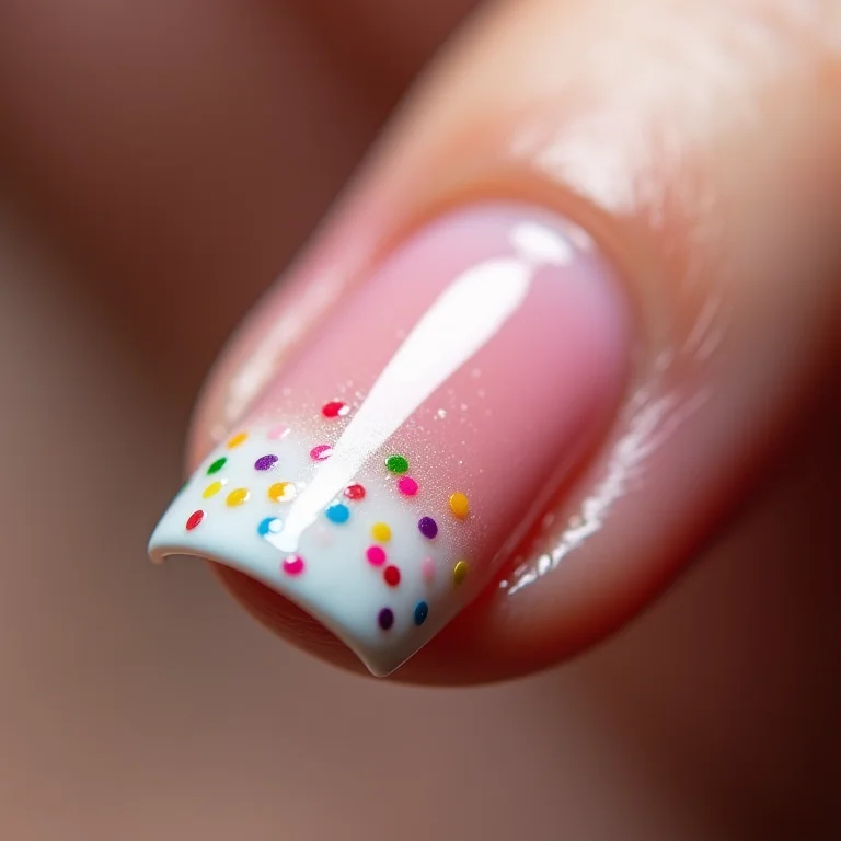 Close-up extremo de francesinha com bolinhas coloridas.