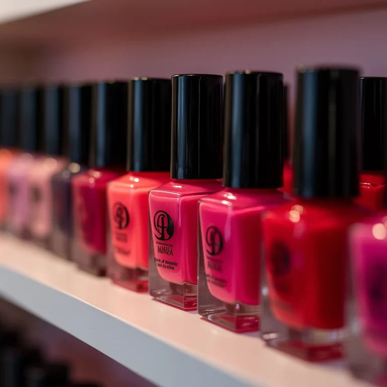 Close-up extremo de prateleira com esmaltes de luxo