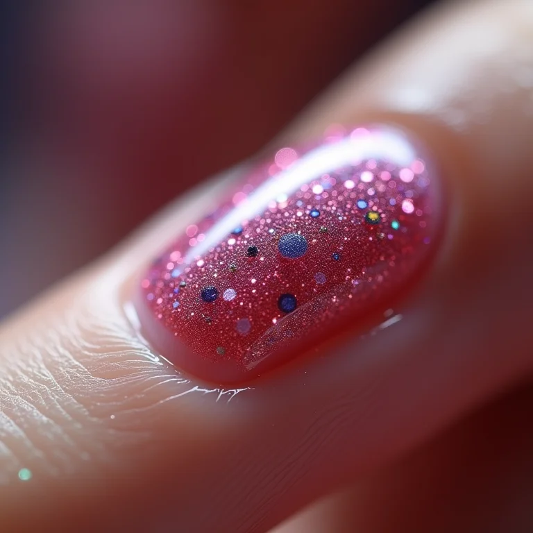 Close-up extremo de unha com esmalte de glitter texturizado.