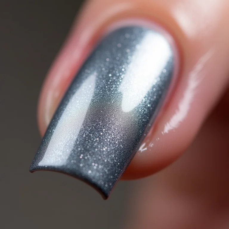 Close-up extremo de unha com esmalte prata metálico.