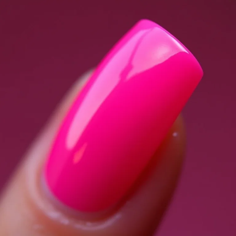 Close-up extremo de unha com esmalte rosa neon vibrante.