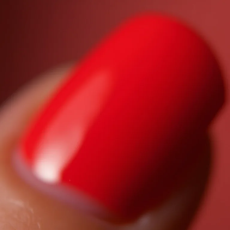 Close-up extremo de unha com esmalte vermelho clássico.