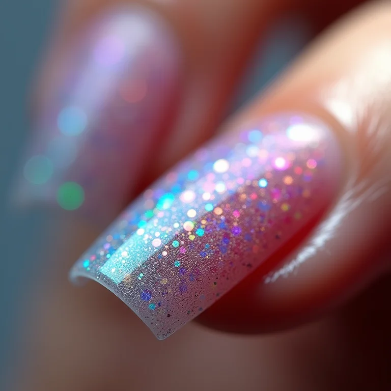 Close-up extremo de unha de vidro com detalhes iridescentes
